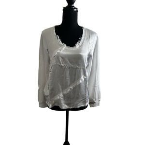 Lanston White Satin Sleeve Blouse Distressed Hem Raw Edge Detail Size Small